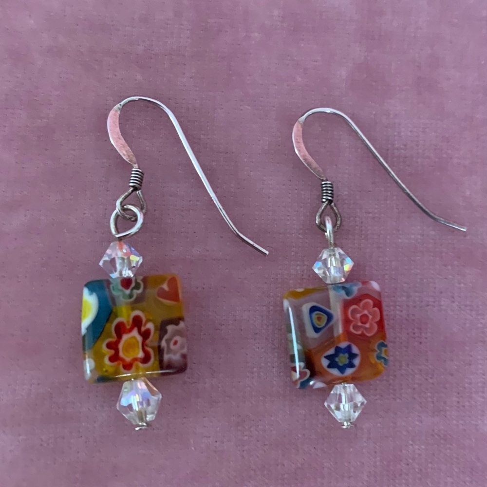 Handmade Millefiori Glass Flower Drop Earrings - Multicolor 925 silver hooks